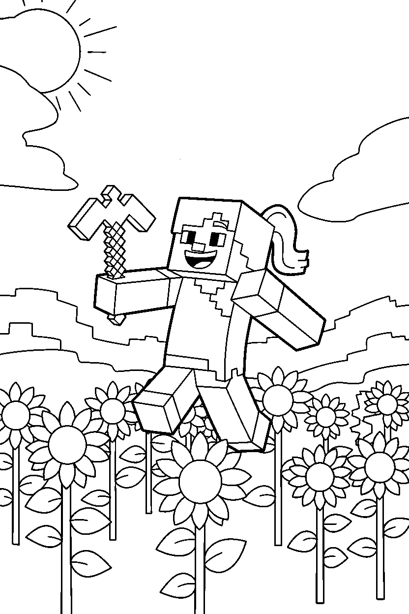 minecraft alex playing happily in sunflower plains line art
