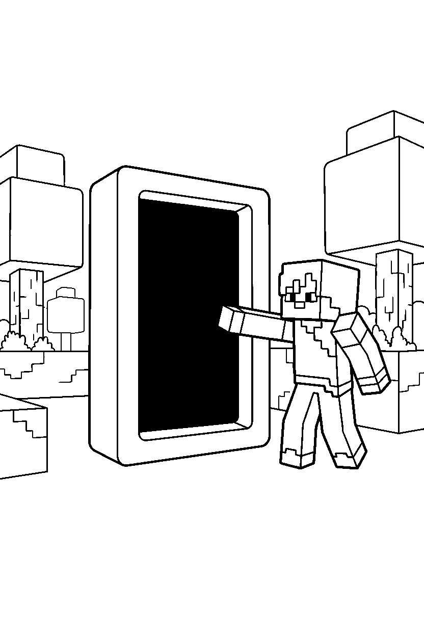 minecraft alex reaching near a nether portal line art