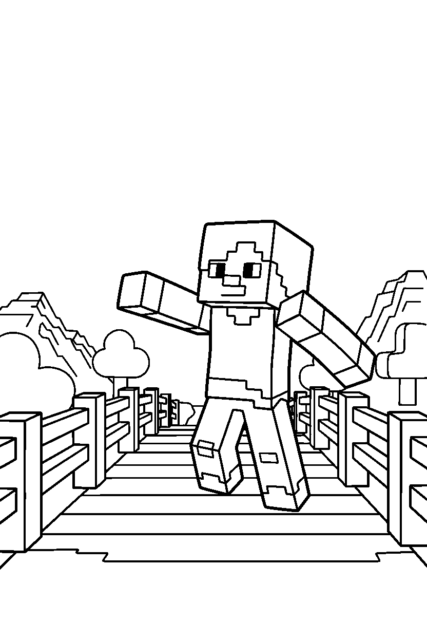 minecraft alex reaching on wooden bridge line art