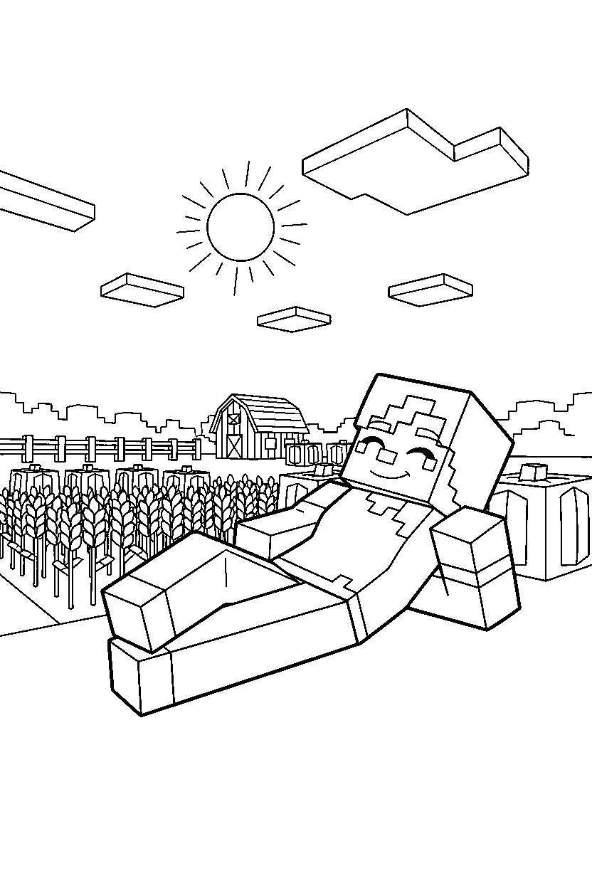 minecraft alex relaxing peacefully near a farm field line art