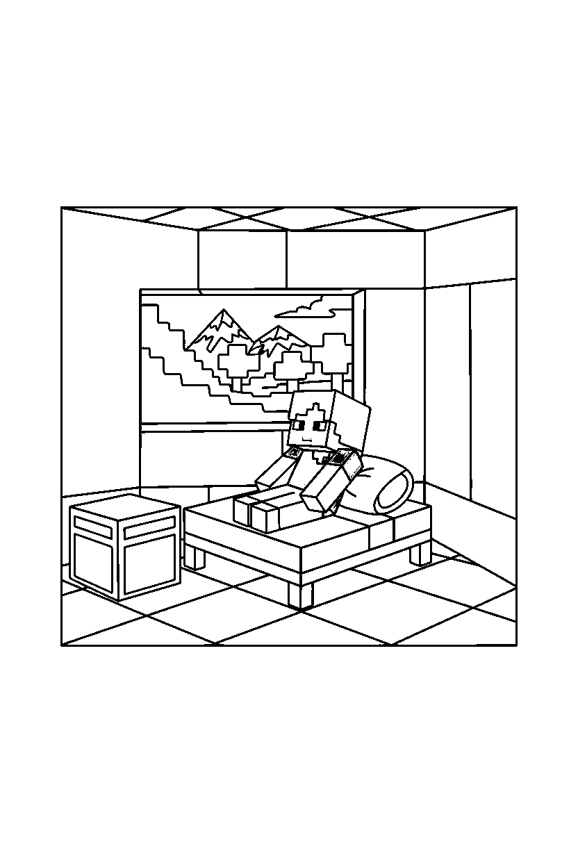 minecraft alex resting inside house line art