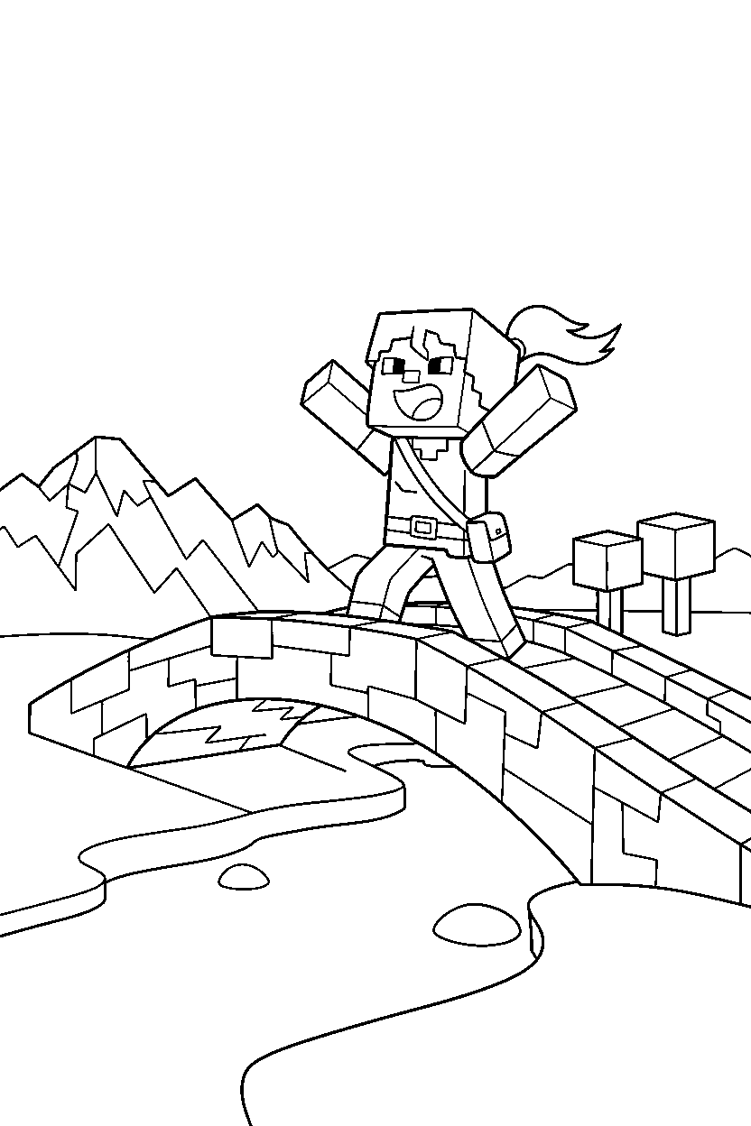 minecraft alex roaring playfully on a bridge line art