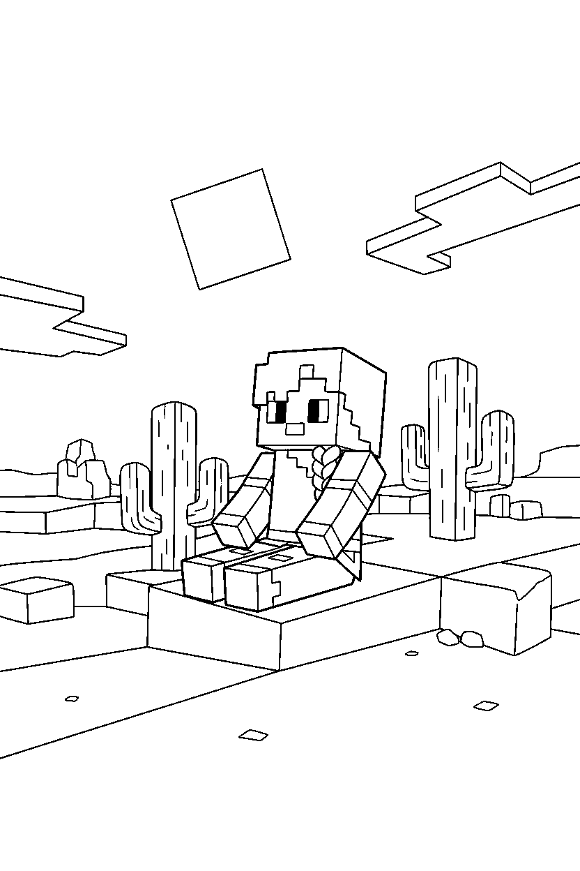 minecraft alex sitting calmly in a desert line art