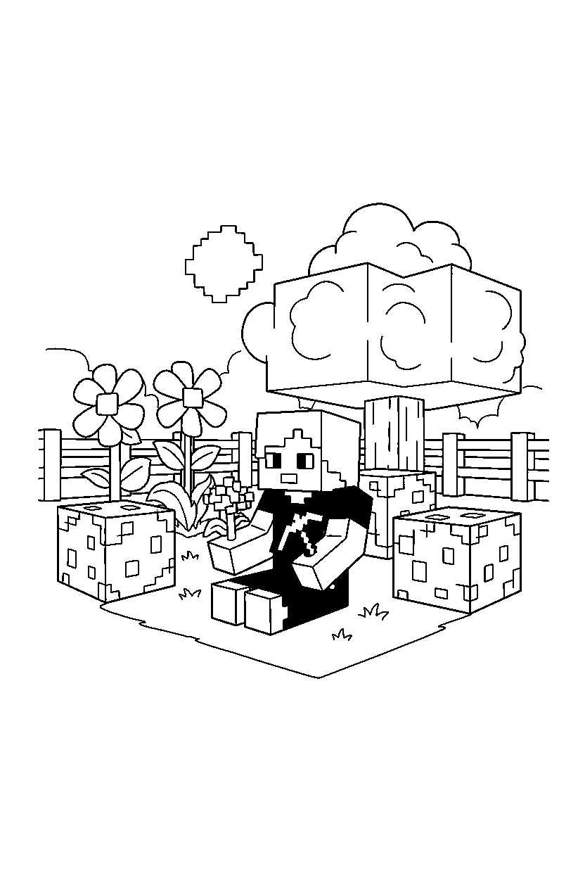 minecraft alex sitting in garden line art