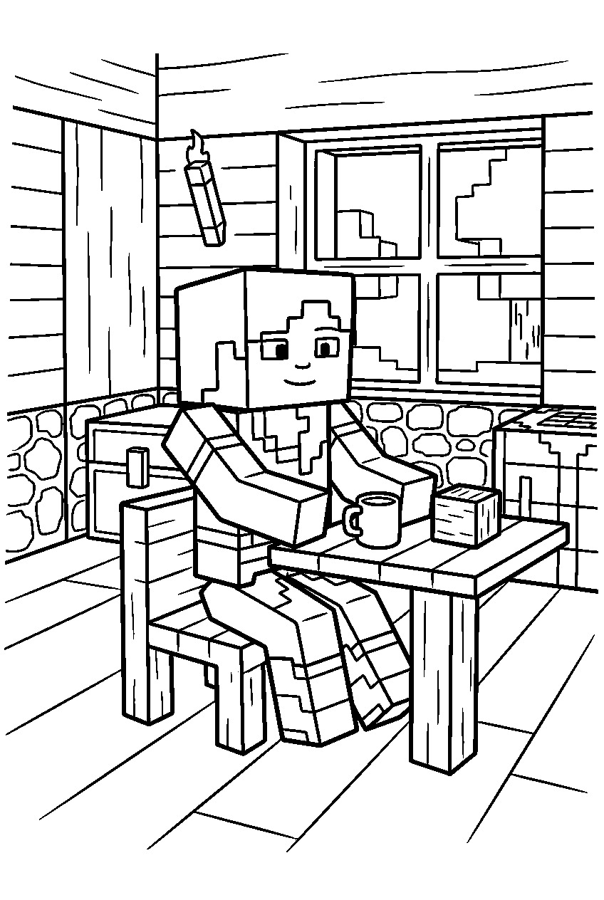 minecraft alex sitting in house line art