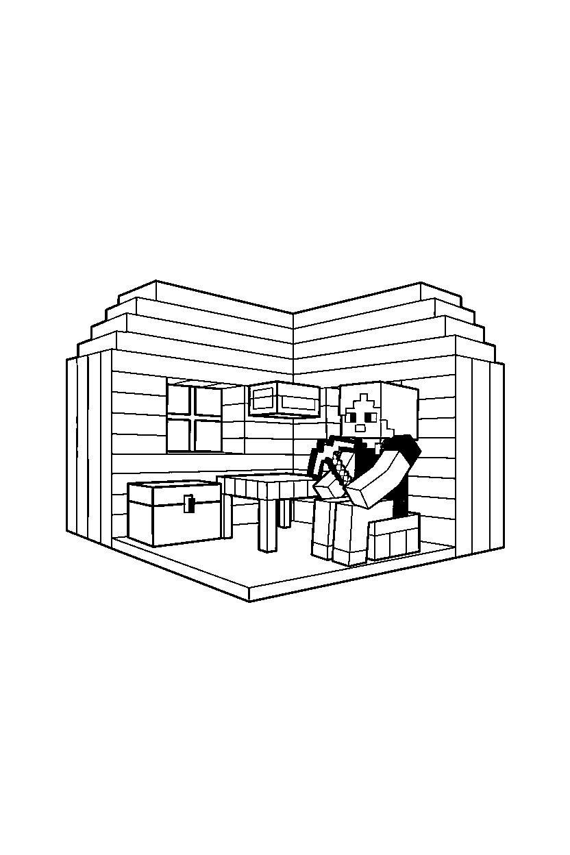 minecraft alex sitting in wooden house line art