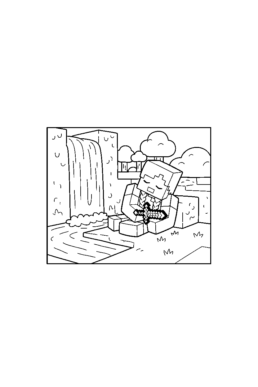 minecraft alex sleeping near a waterfall line art