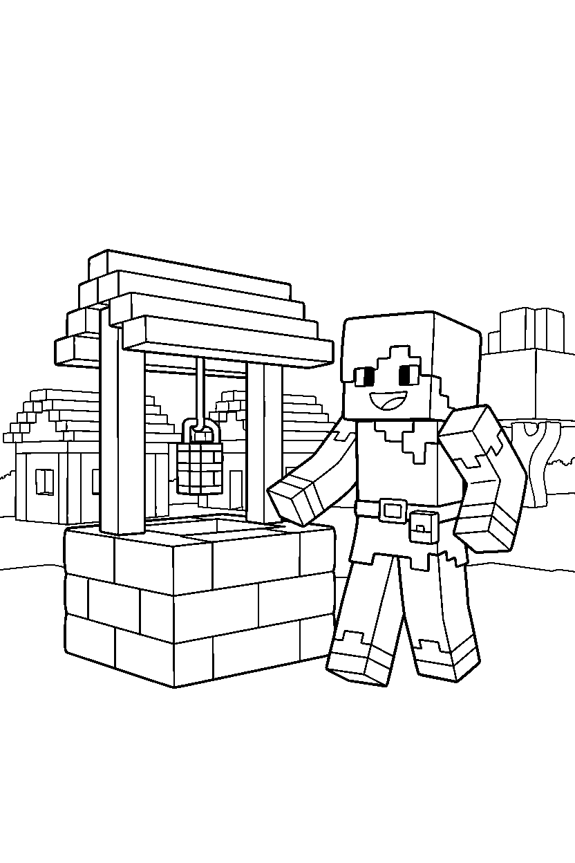 minecraft alex smiling at village well line art