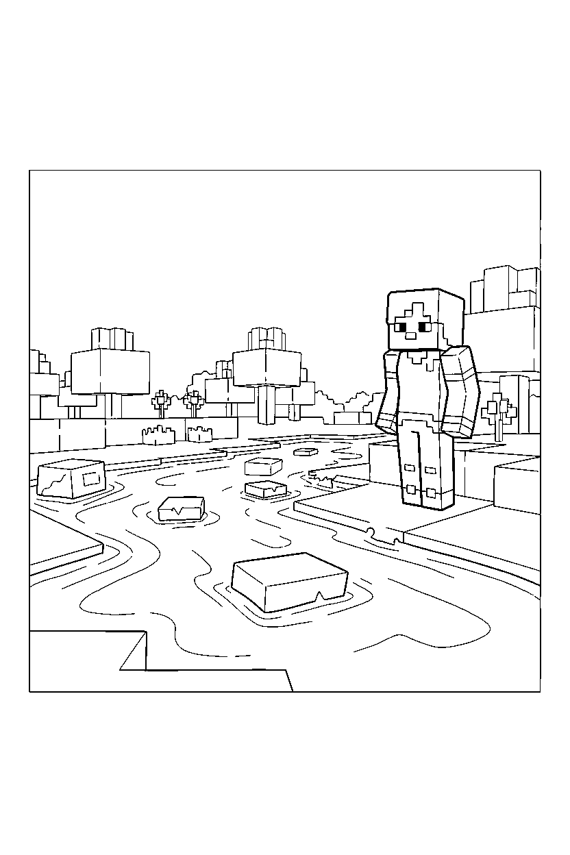 minecraft alex standing calmly near a river line art