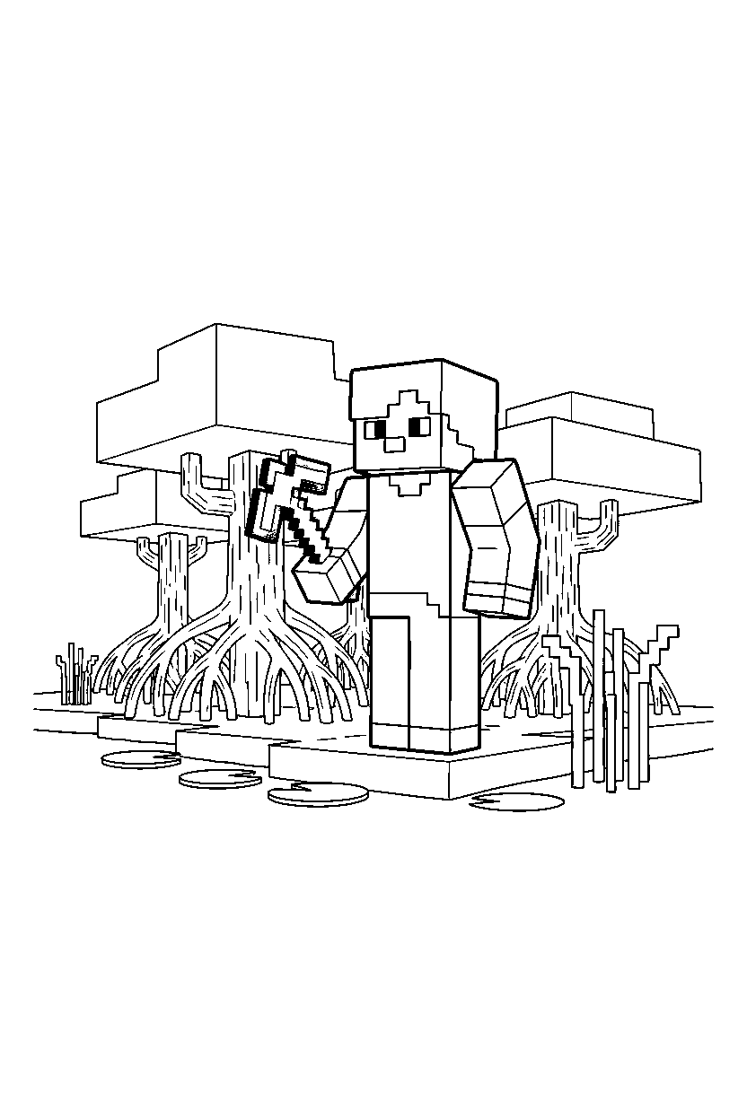 minecraft alex standing calmly with tool in a mangrove swamp line art