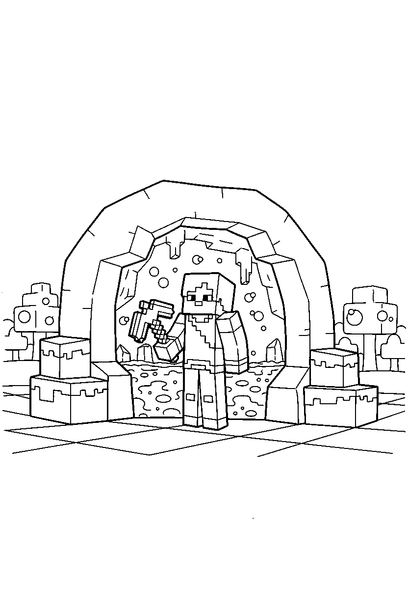 minecraft alex standing calmly with tool near a lava cave line art
