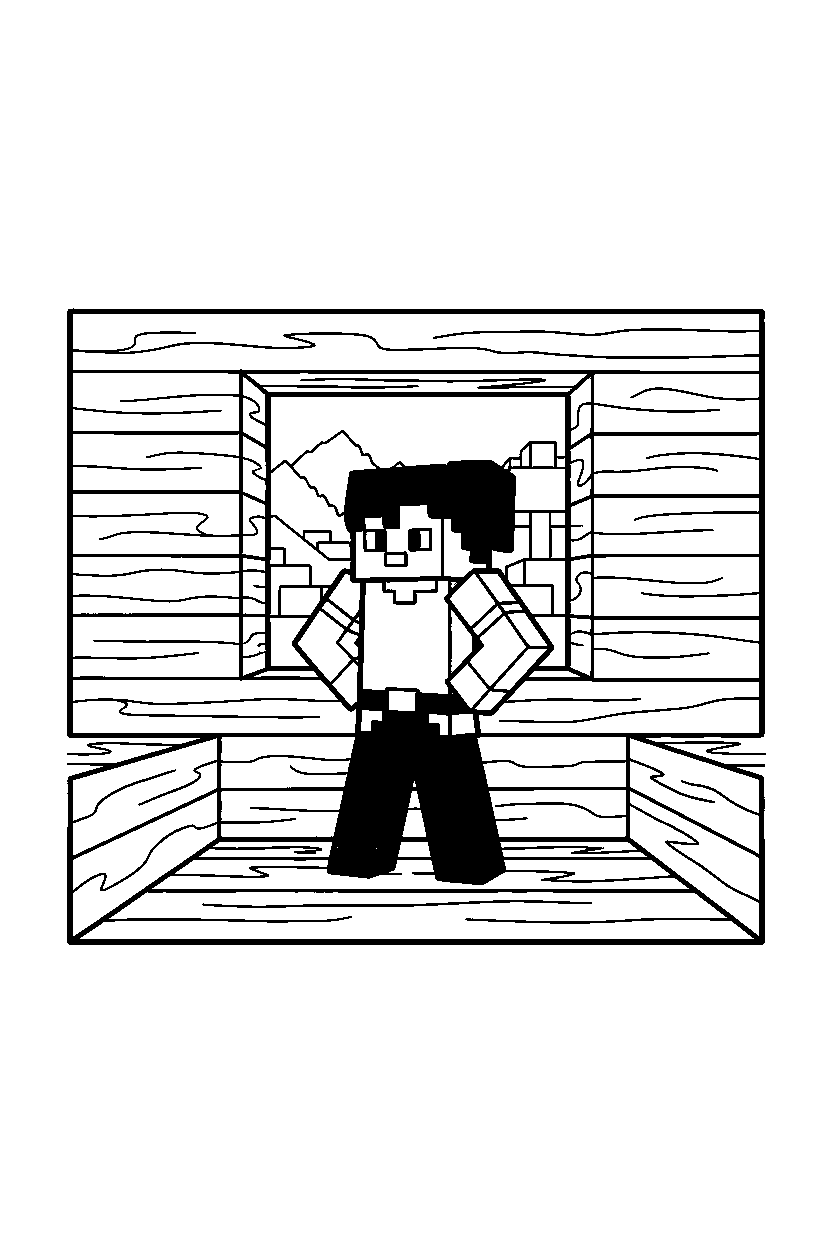 minecraft alex standing confidently in wooden house line art