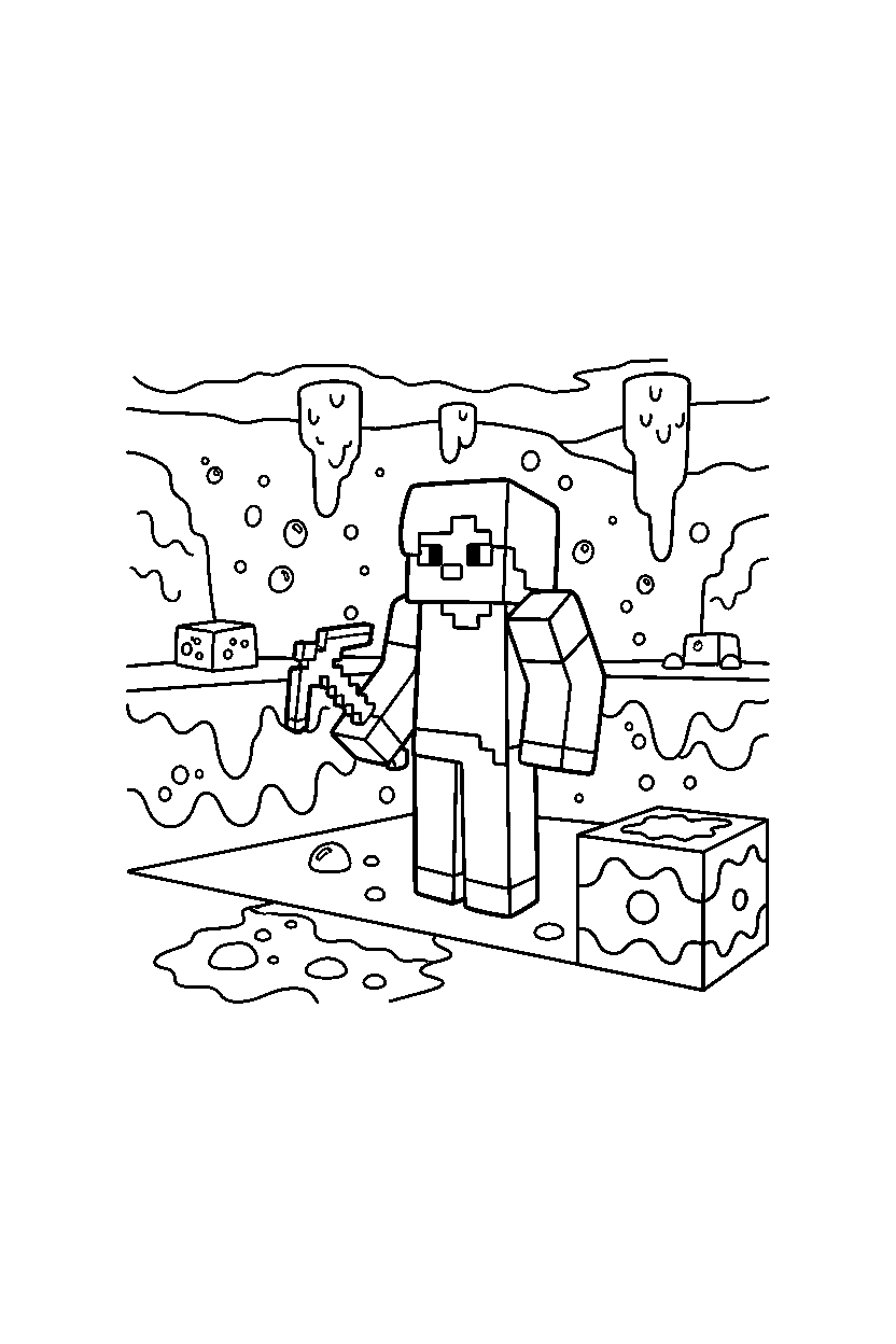 minecraft alex standing in lava cave line art
