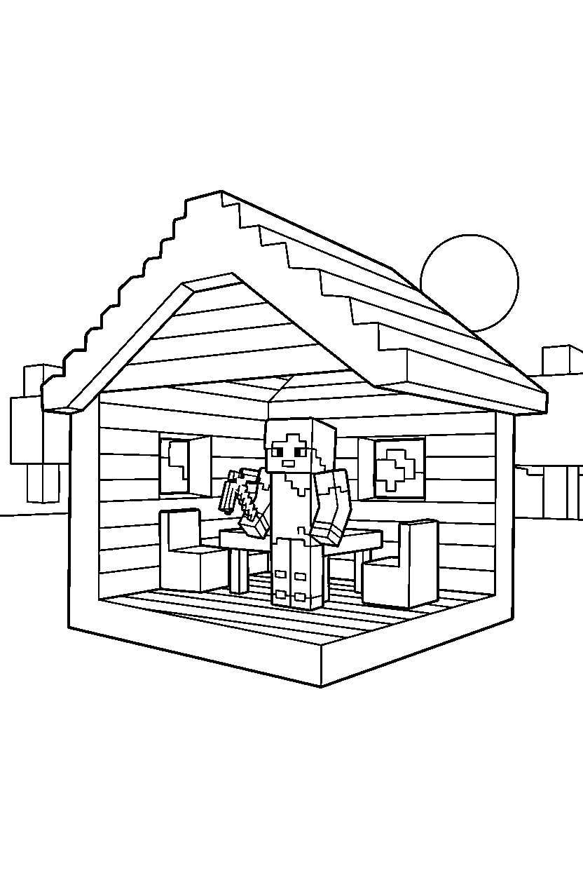 minecraft alex standing in wooden house line art