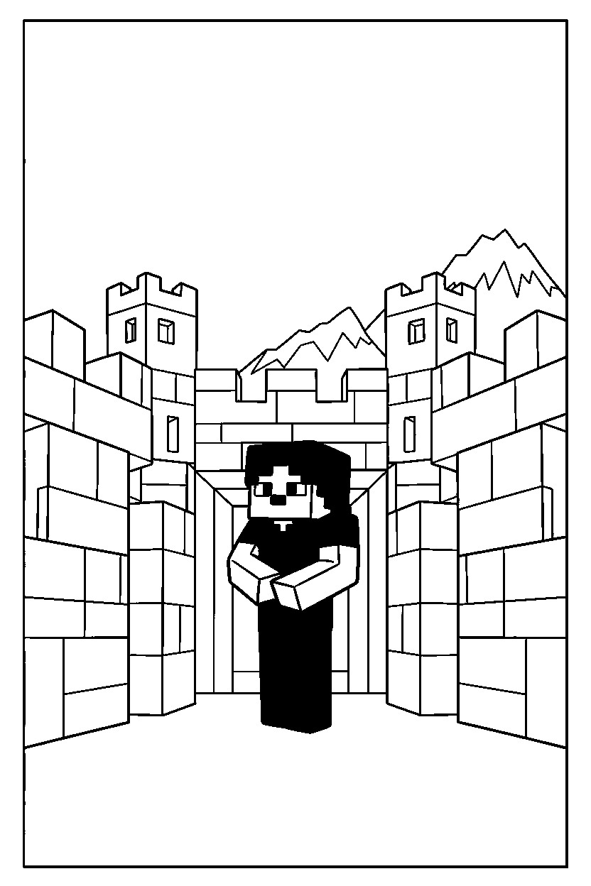 minecraft alex standing quietly in silence in a castle base line art