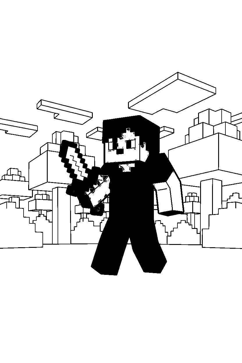 minecraft alex standing ready in a forest line art