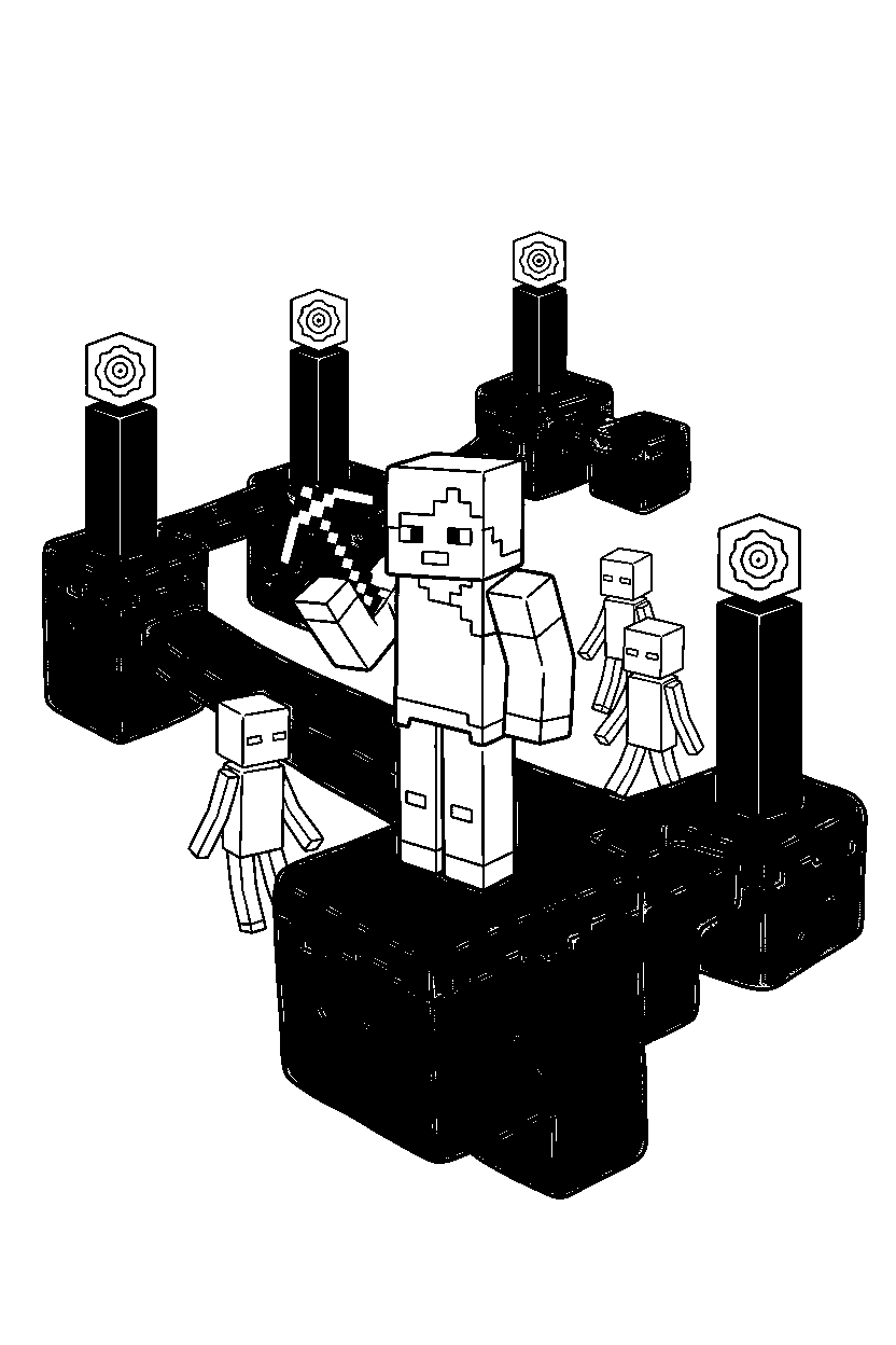 minecraft alex standing with a pickaxe in the end dimension line art