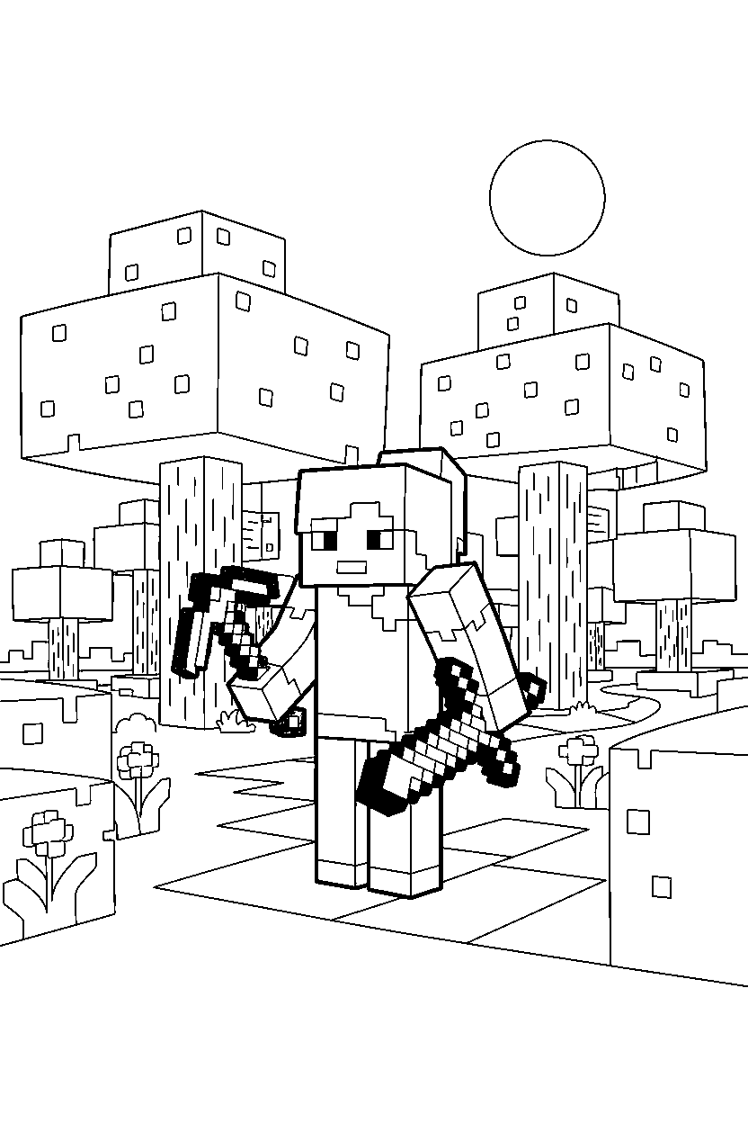 minecraft alex standing with tools in a forest line art