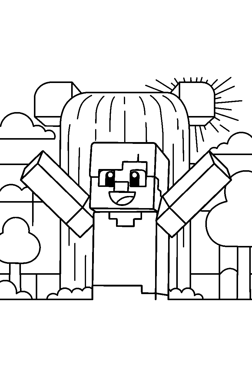 minecraft alex stretching by waterfall line art