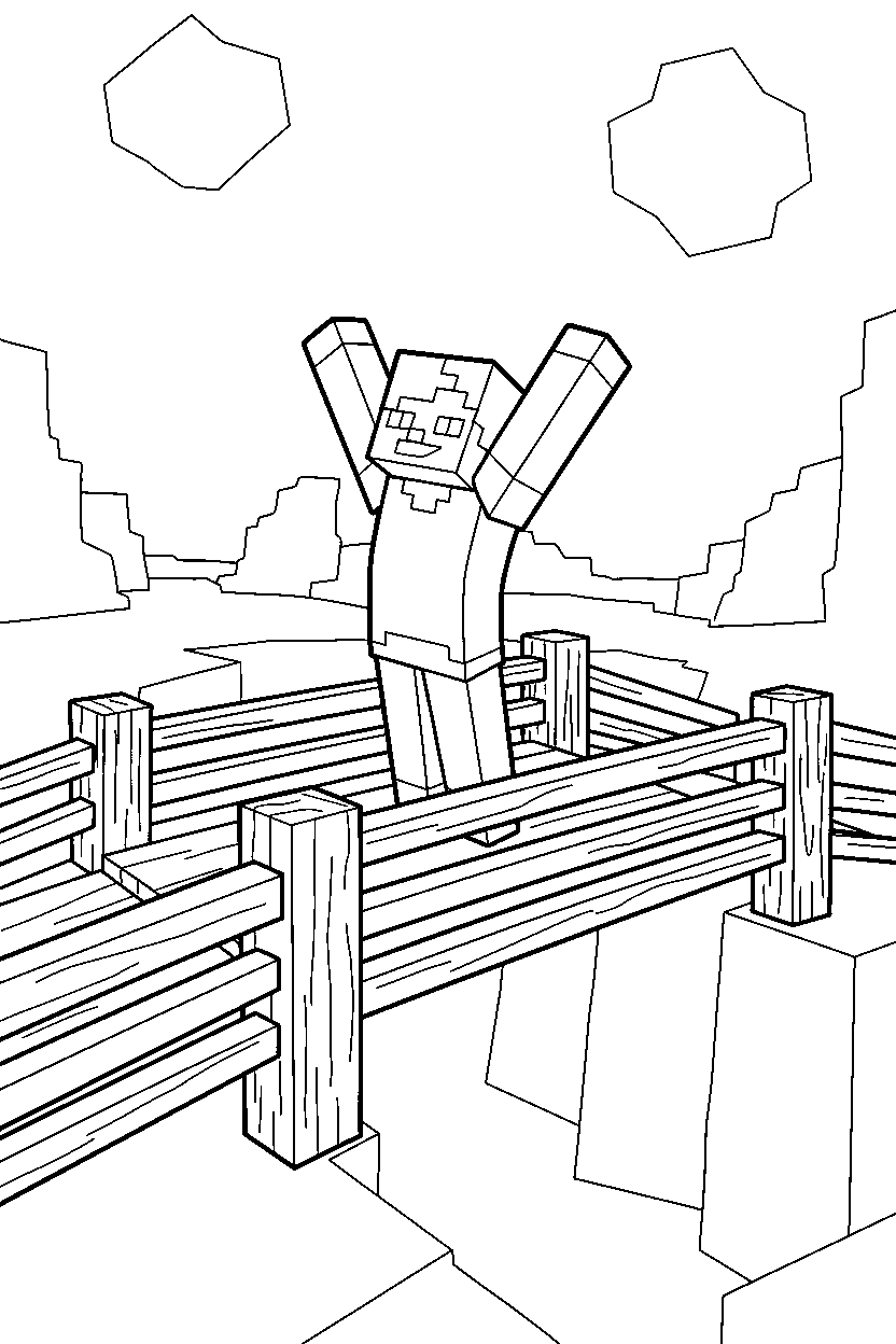 minecraft alex stretching on wooden bridge line art