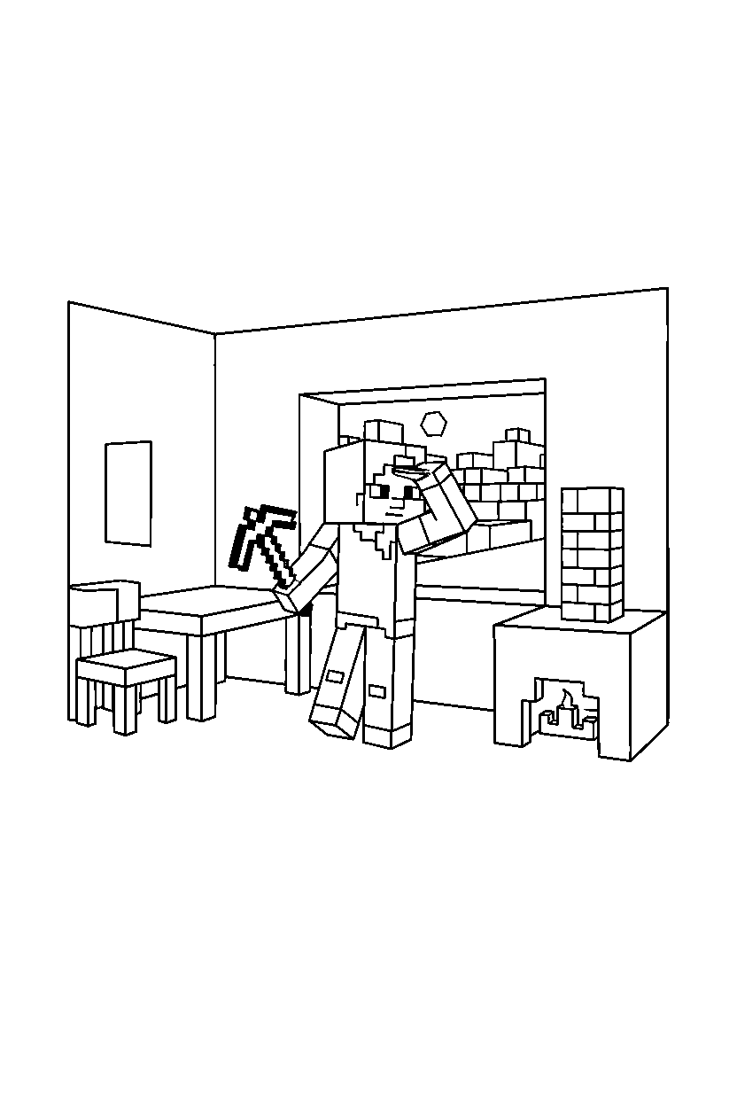 minecraft alex studying the surroundings inside a house line art