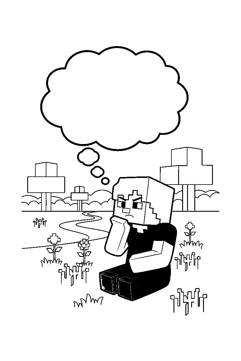 minecraft alex thinking carefully in a meadow line art