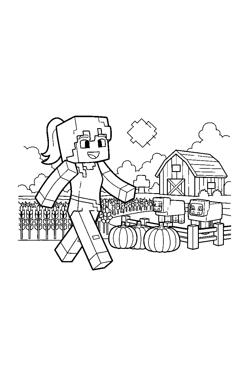 minecraft alex walking happily near a farm field line art
