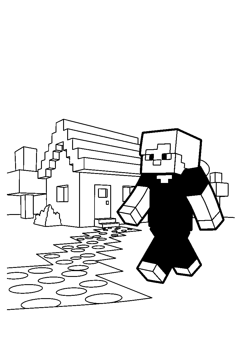 minecraft alex walking slowly at village house line art