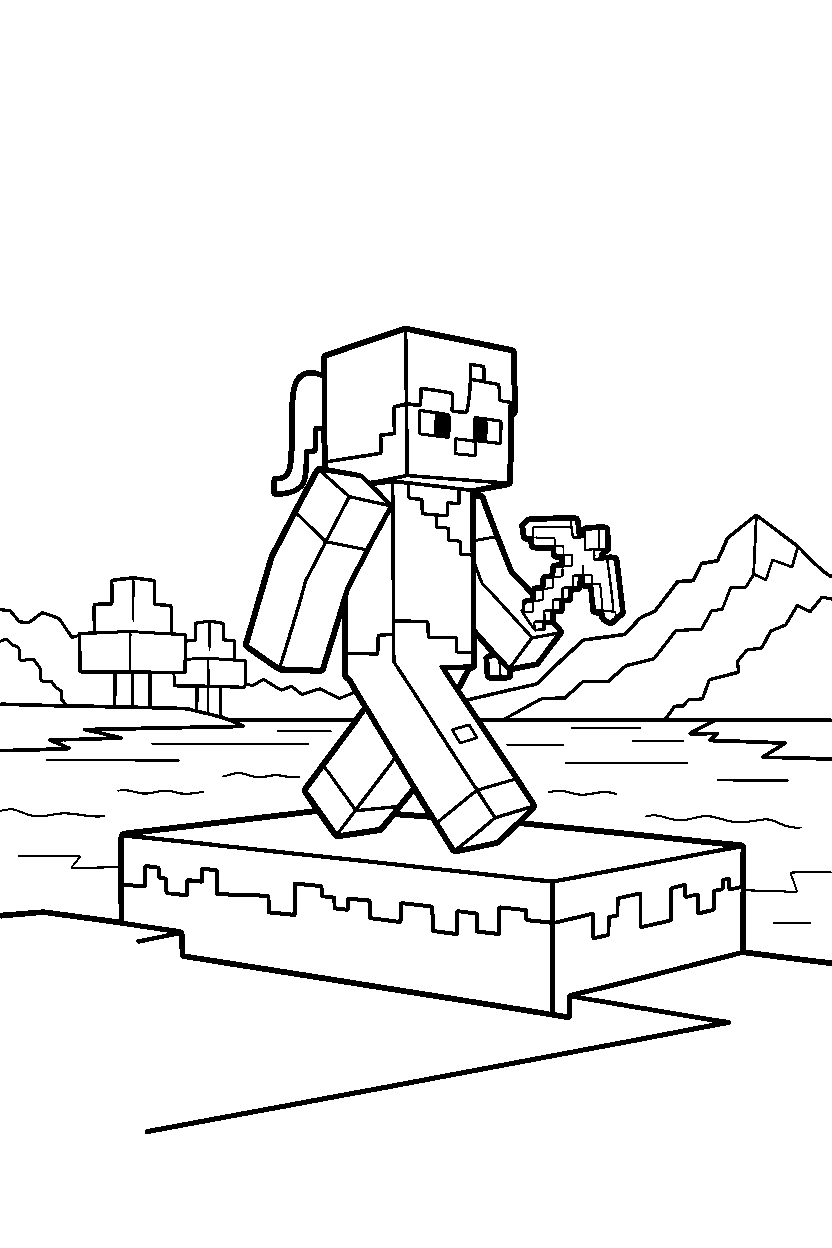minecraft alex walking slowly by water line art