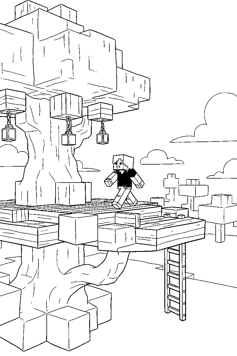 minecraft alex walking slowly in treehouse line art