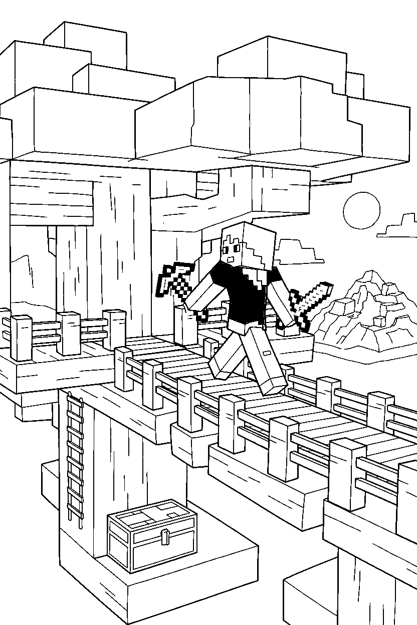 minecraft alex walking with tools in a treehouse base line art