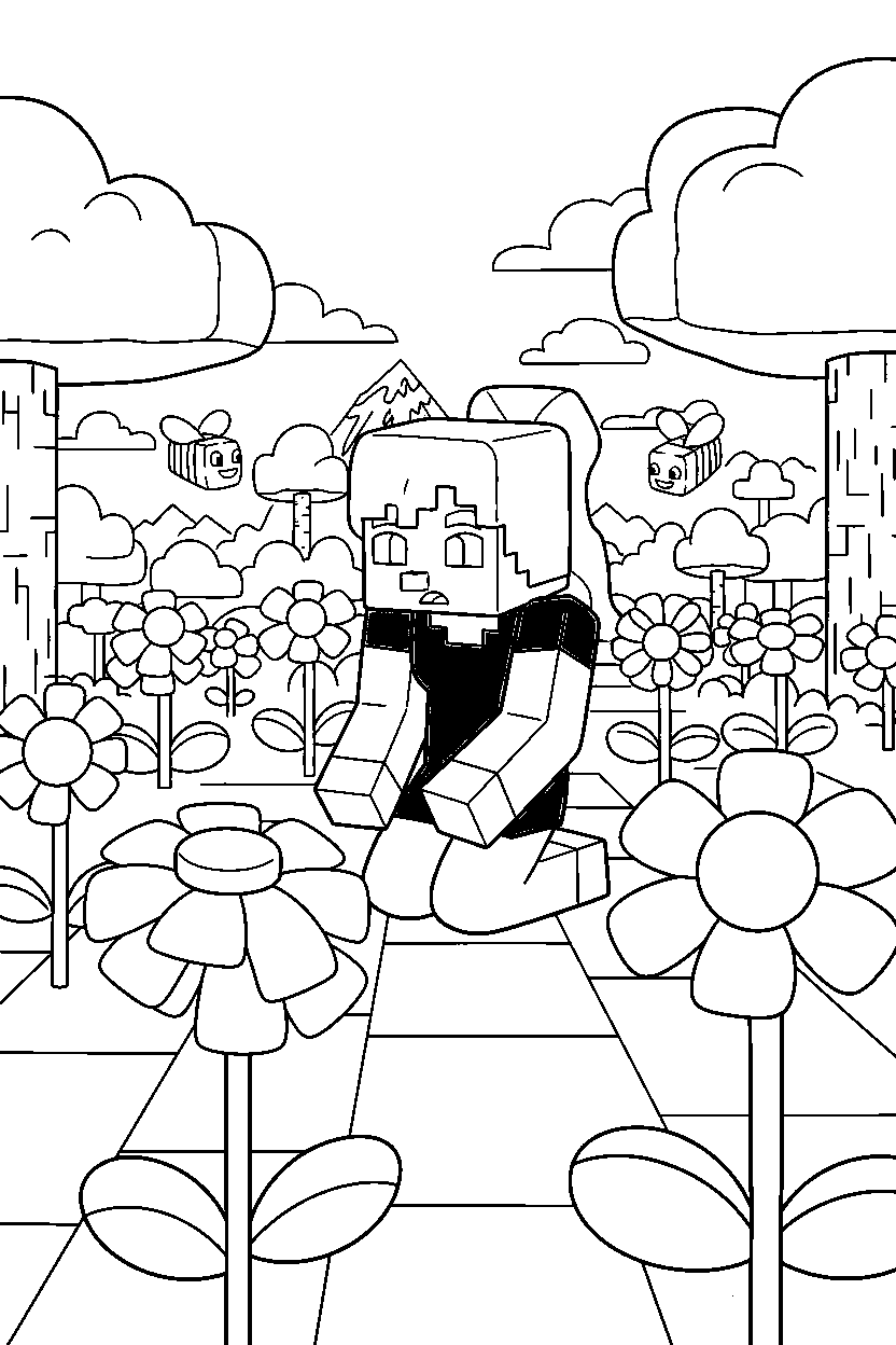 minecraft alex watching attentively in a flower forest line art