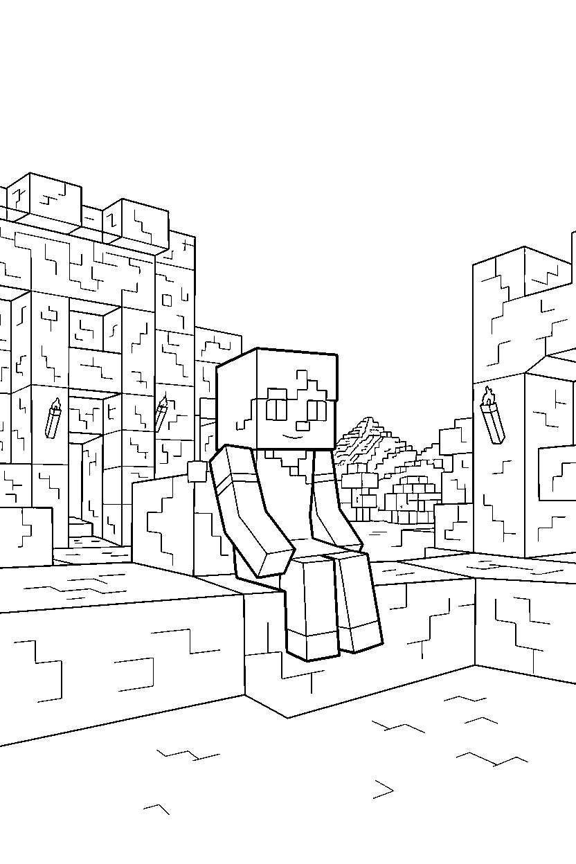 minecraft alex watching quietly in a castle base line art