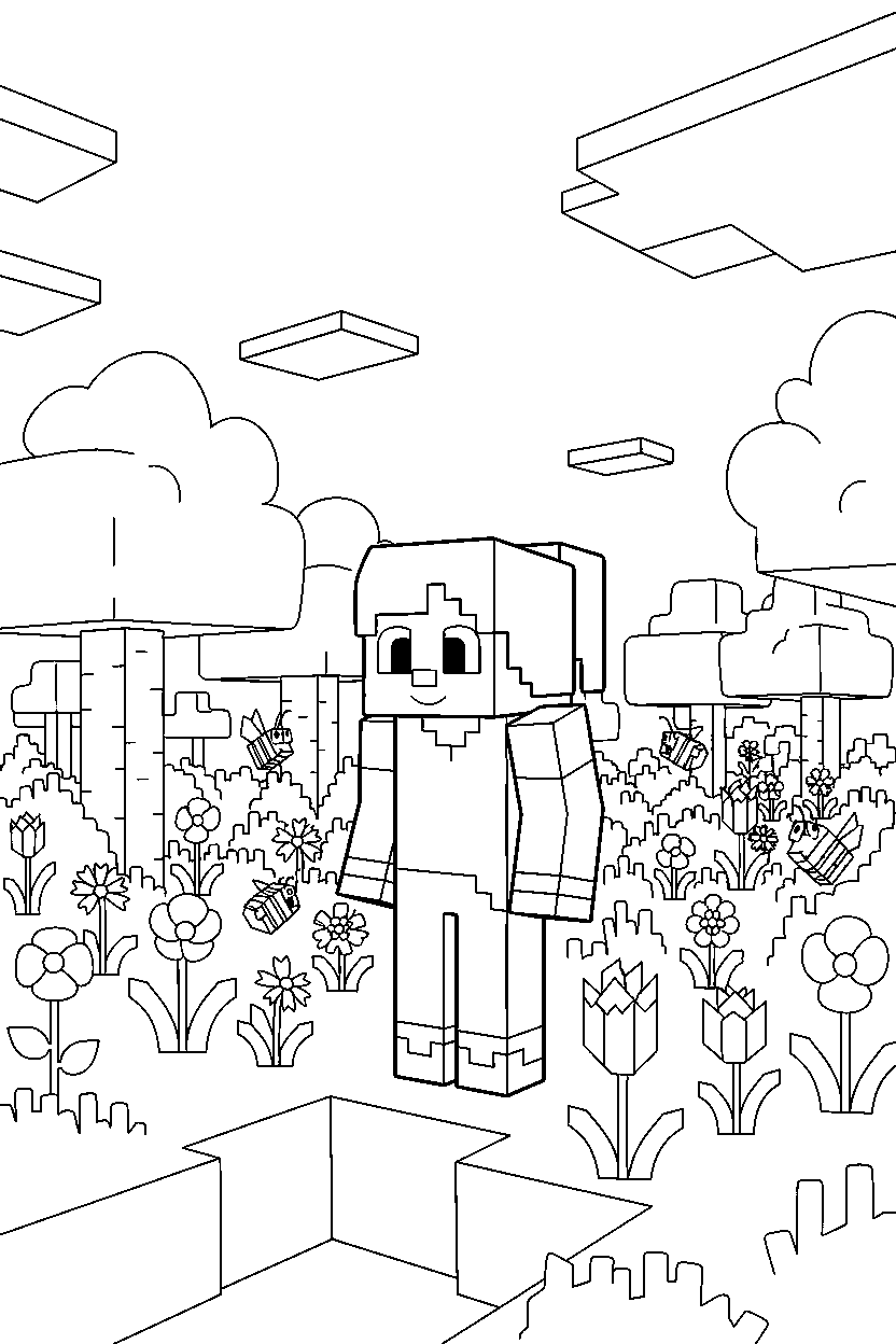 minecraft alex watching quietly in silence in a flower forest line art