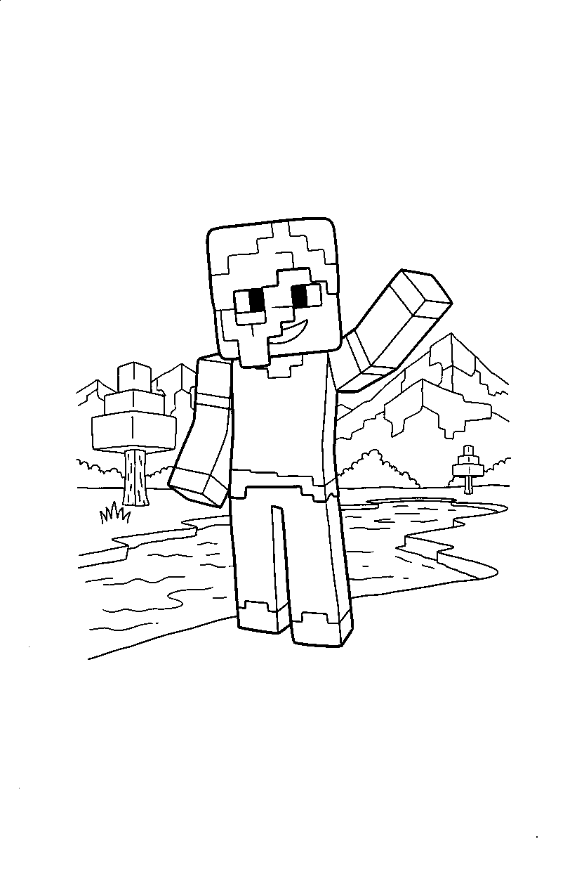minecraft alex waving by river line art