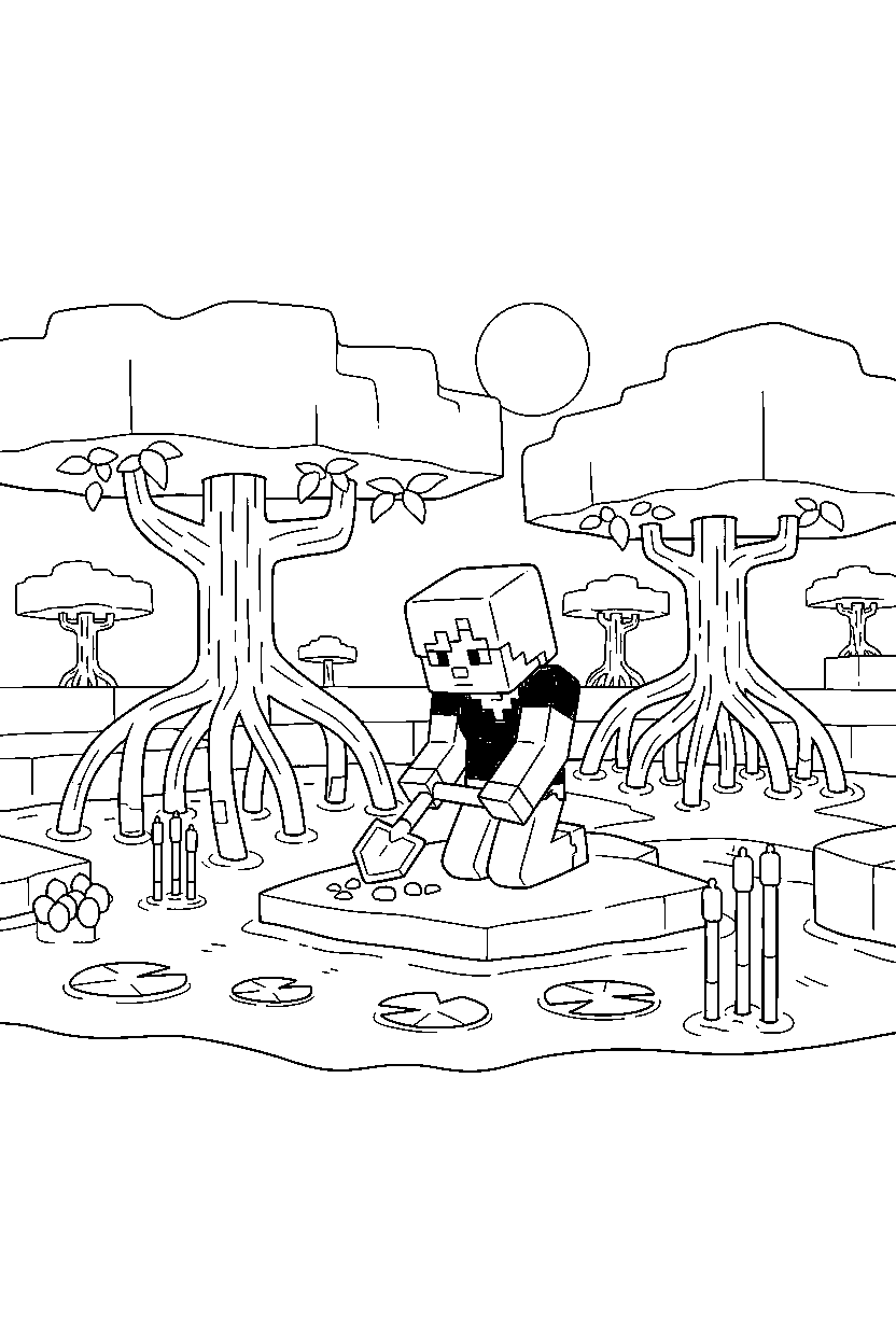 minecraft alex working quietly in a mangrove swamp line art