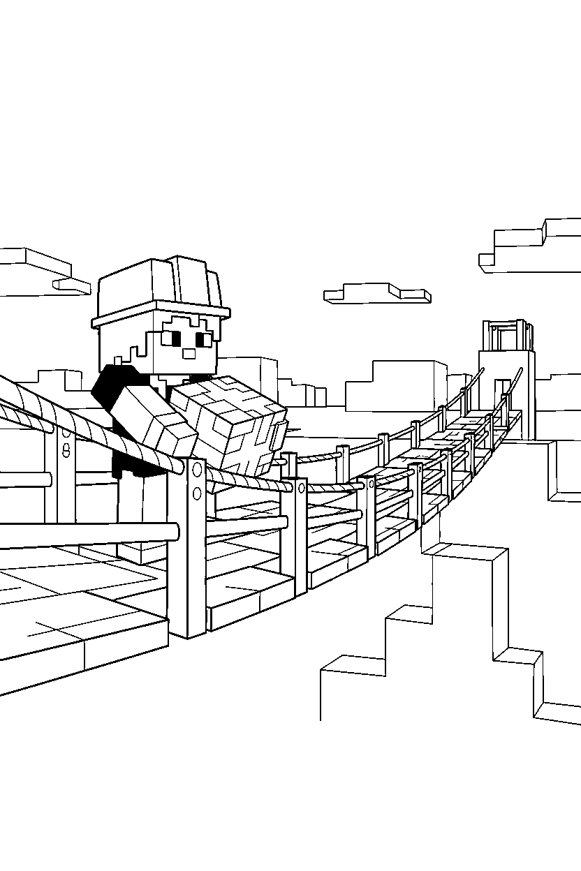 minecraft alex working quietly on a bridge line art