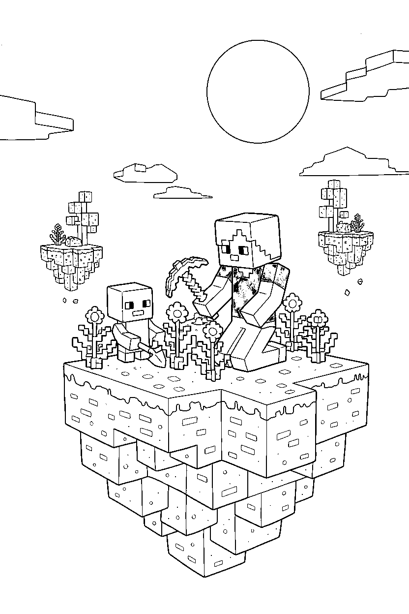 minecraft alex working quietly on an end island line art