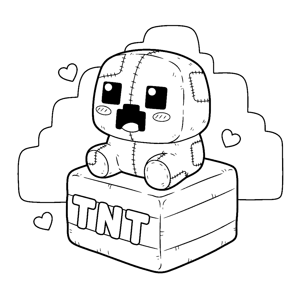 cute plush minecraft creeper sitting on tnt block line art