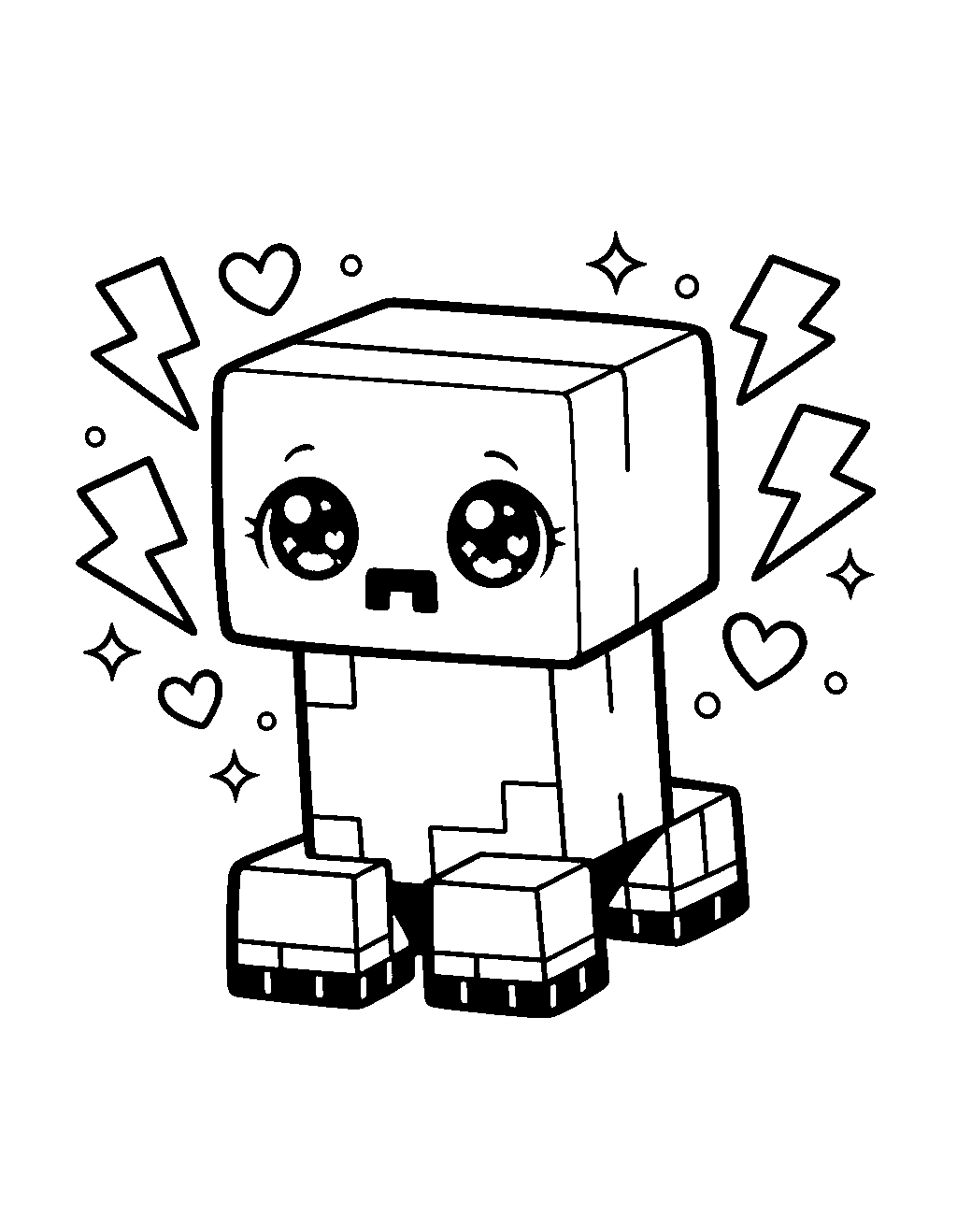 kawaii minecraft creeper with hearts and lightning line art