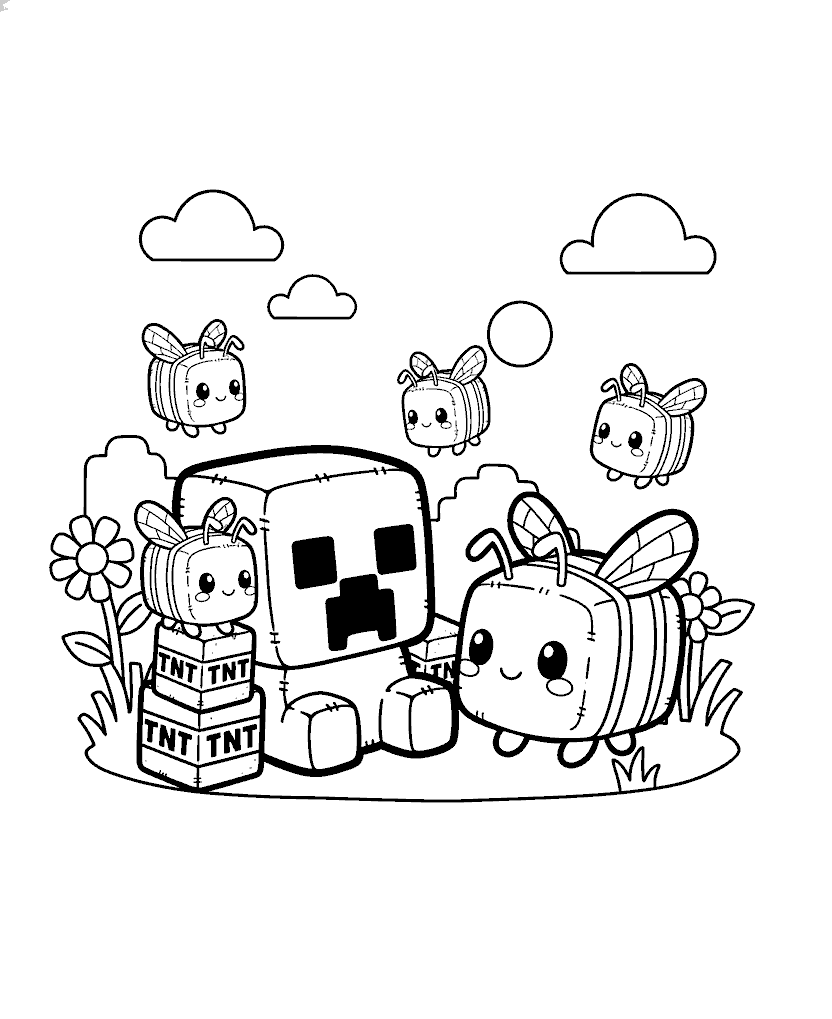 minecraft creeper and cute bees garden line art