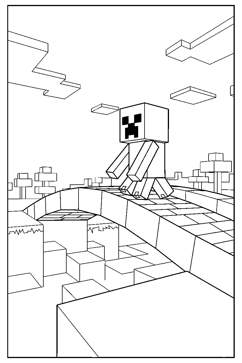 minecraft creeper approaching carefully on a bridge line art