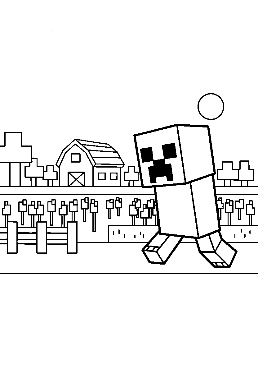 minecraft creeper approaching quietly near a farm field line art