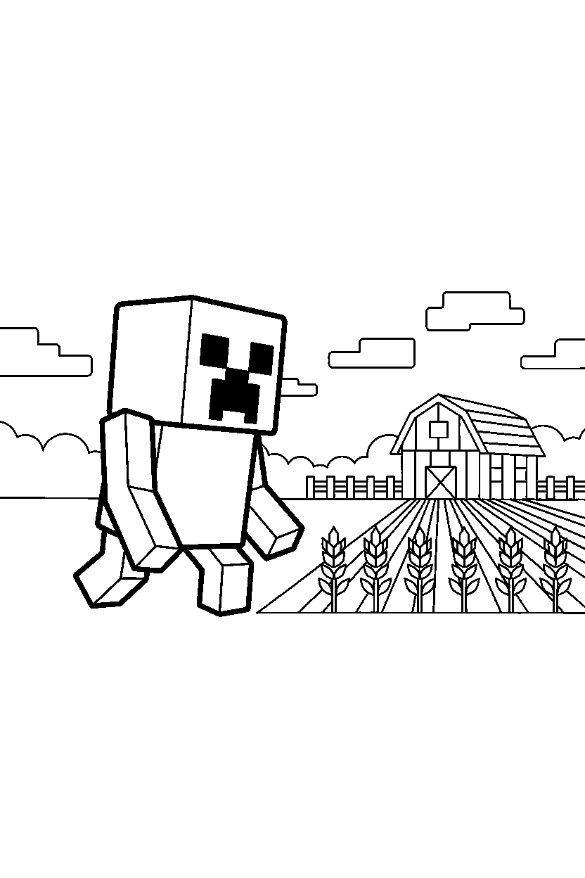 minecraft creeper approaching slowly near a farm field line art