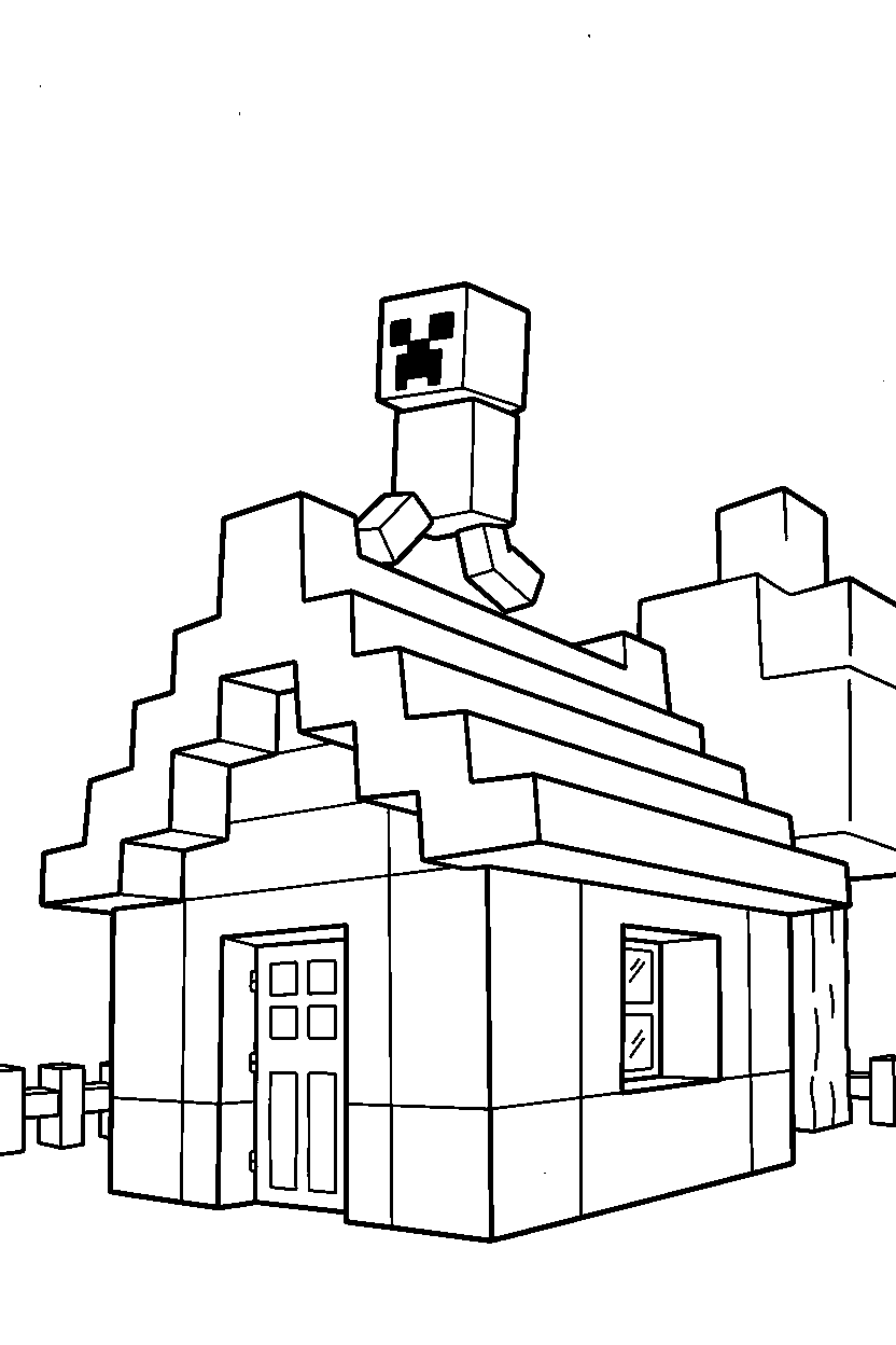 minecraft creeper balancing at village house line art