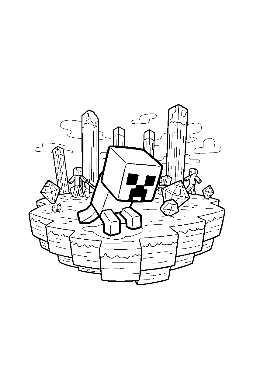 minecraft creeper creeping cautiously on an end island line art
