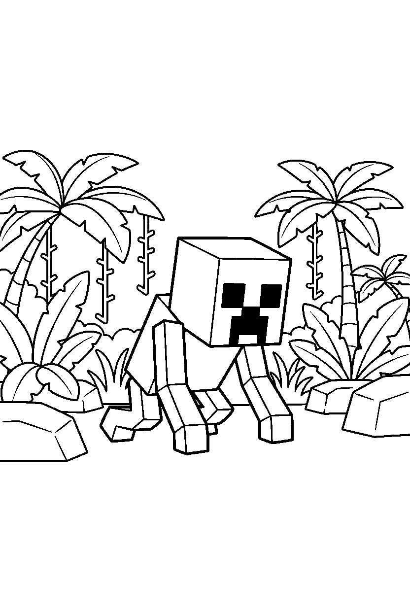 minecraft creeper creeping quietly in a jungle line art