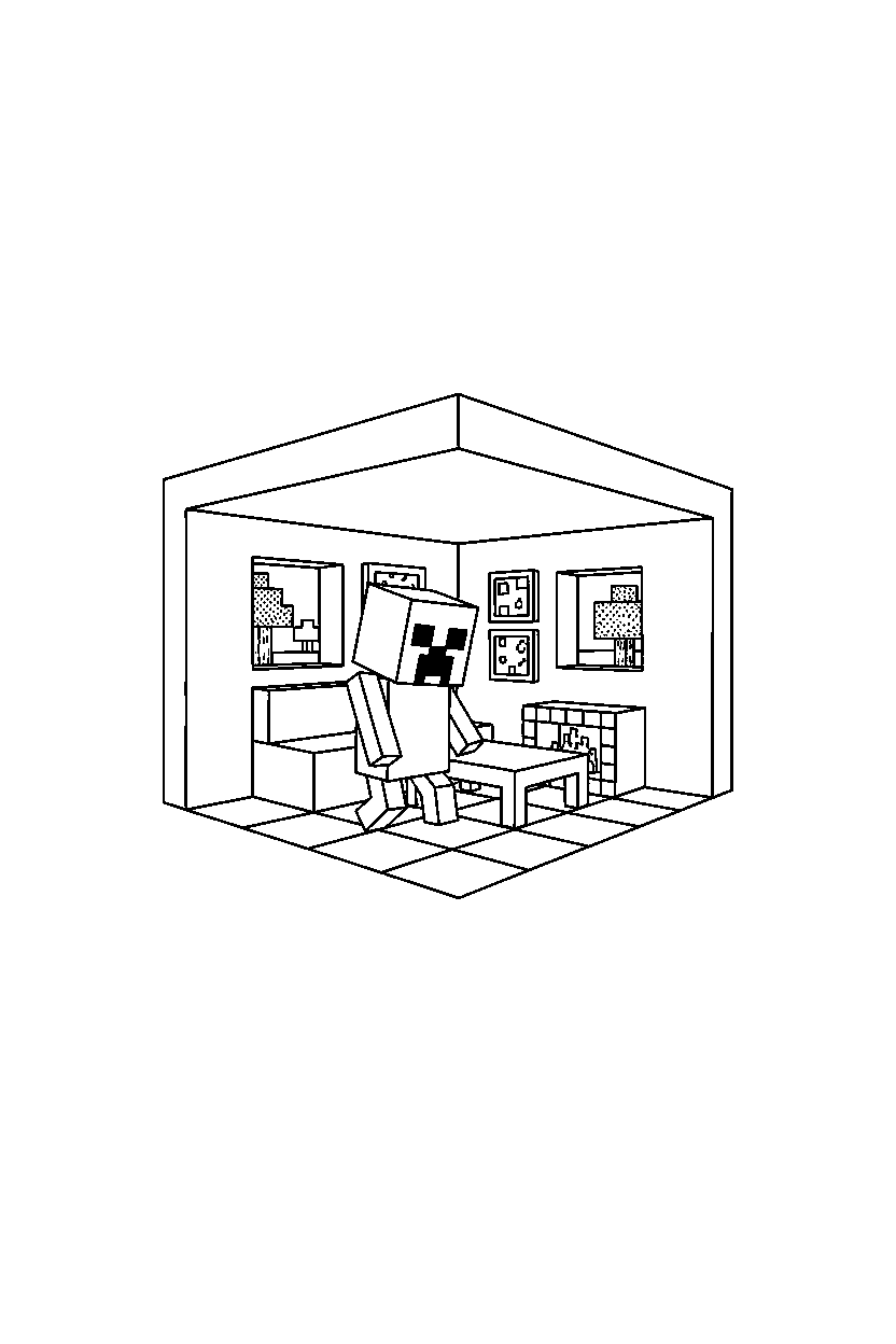 minecraft creeper creeping quietly inside a house line art