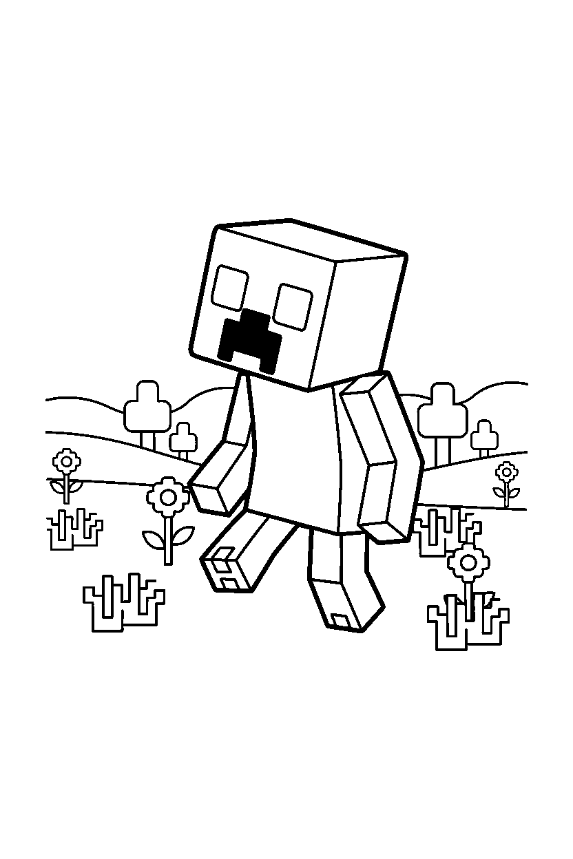 minecraft creeper exploring cautiously in a meadow line art