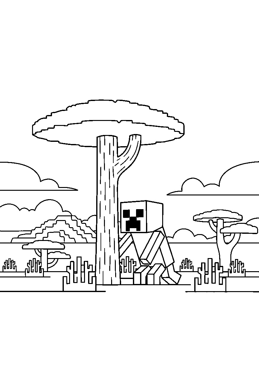 minecraft creeper exploring cautiously in a savanna line art